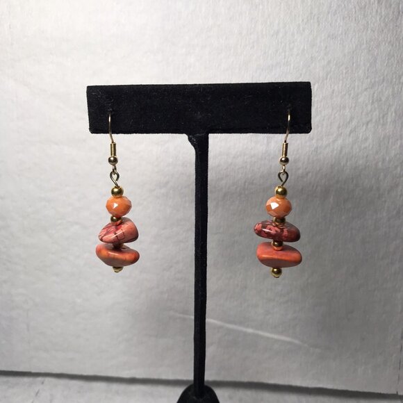 Handmade Beaded Earrings Fall Chip Stones Orange & Gold Dangle Jewelry - Picture 1 of 4